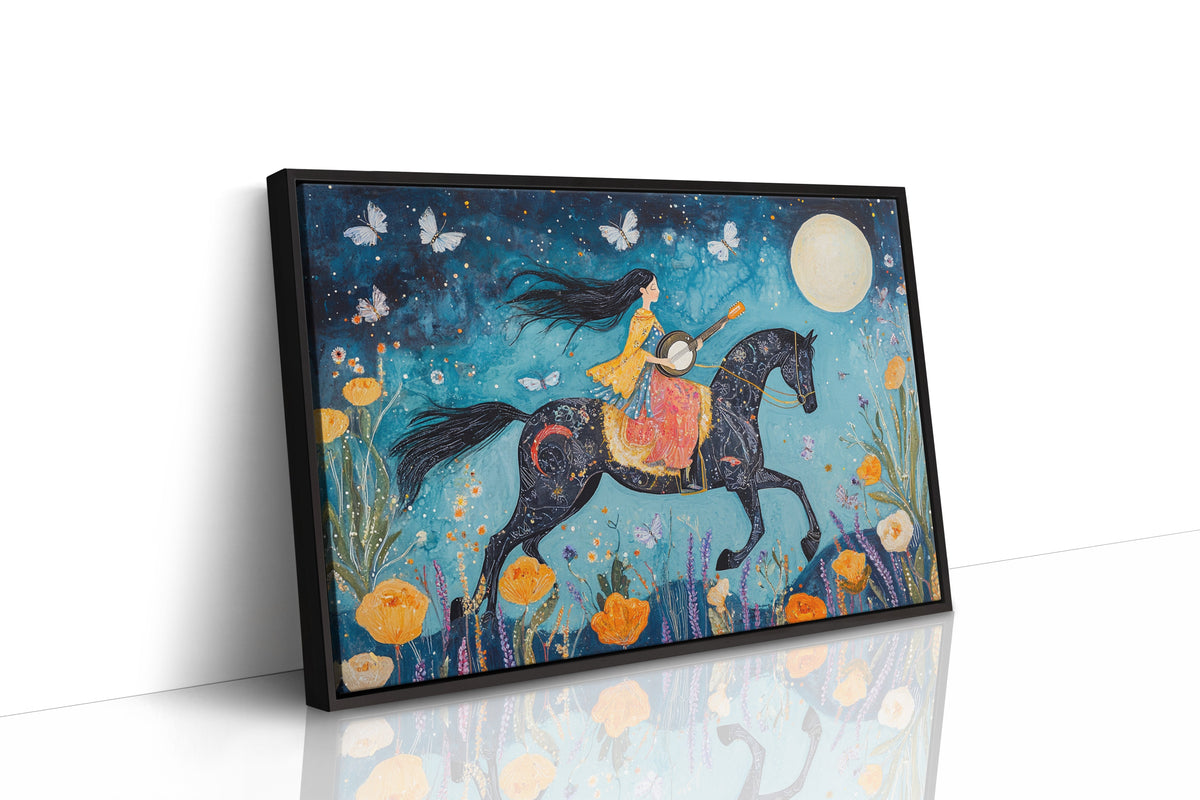 Framed artwork of a girl riding a horse with butterflies and flowers on a blue background