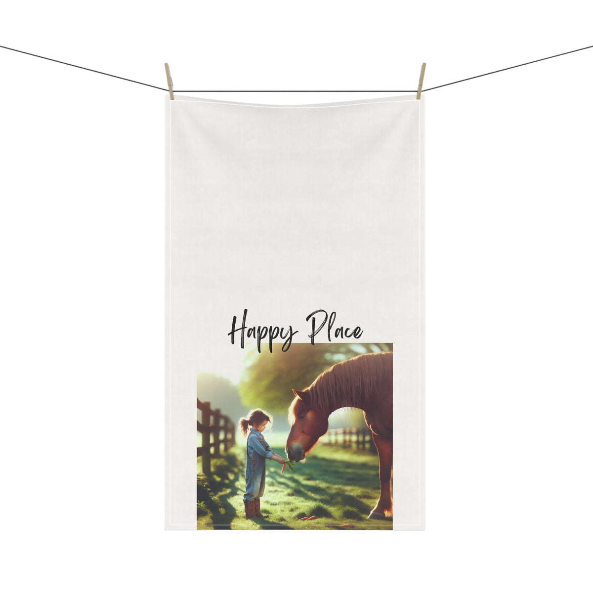 towel with gift and horse and logo happy place