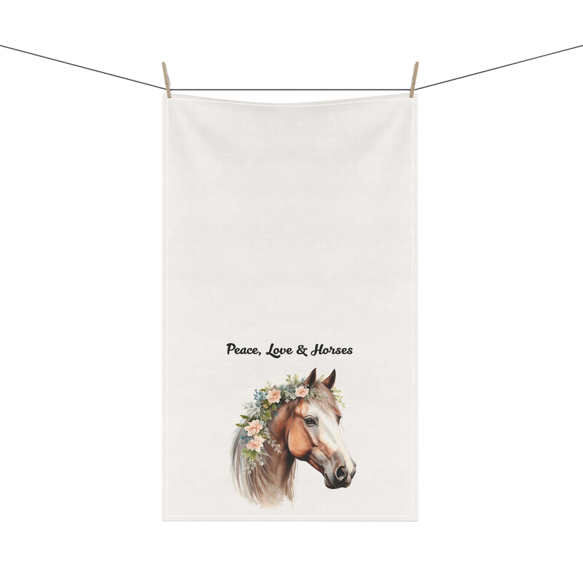 White towel with a horse wearing a floral headband and 'Peace, Love & Horses' text on a white background.