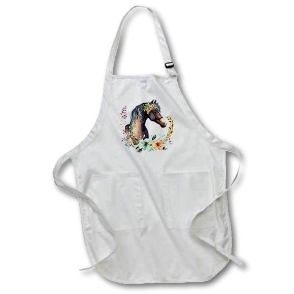 Apron - Pretty Image Of Watercolor Brown Horse With Flowers Illustration Illustrations