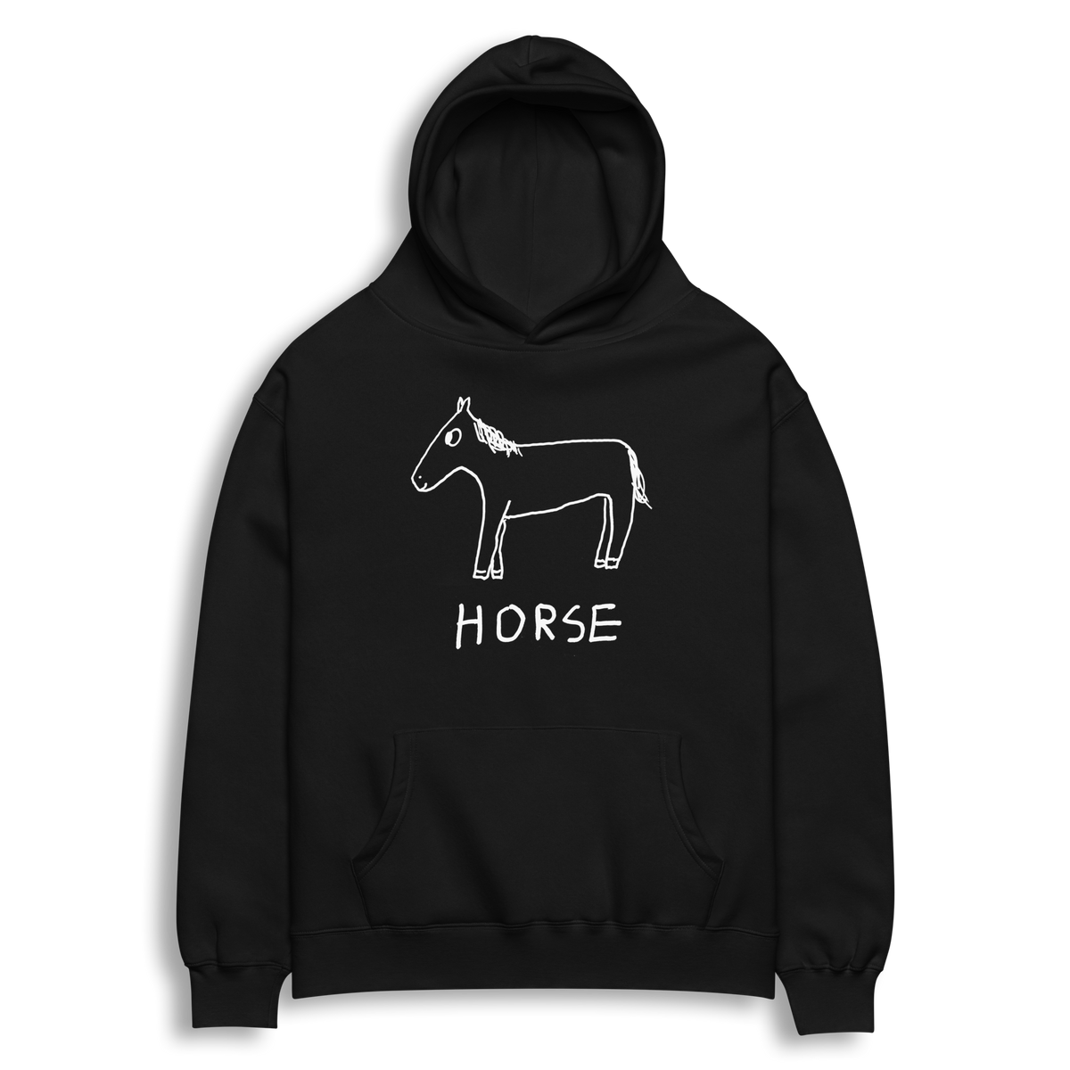 A black pullover hoodie with a white line art graphic of a horse and the word 'HORSE' printed on the chest, displayed against a clean white background.