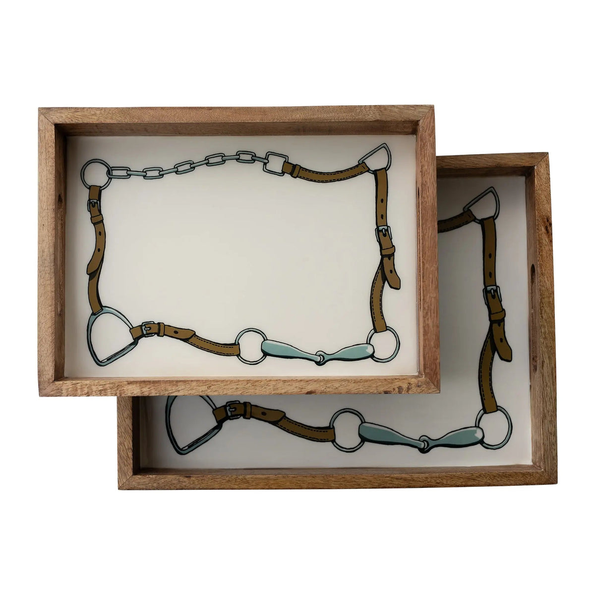 Wooden frame with stained glass design of a horse bridle on a white background