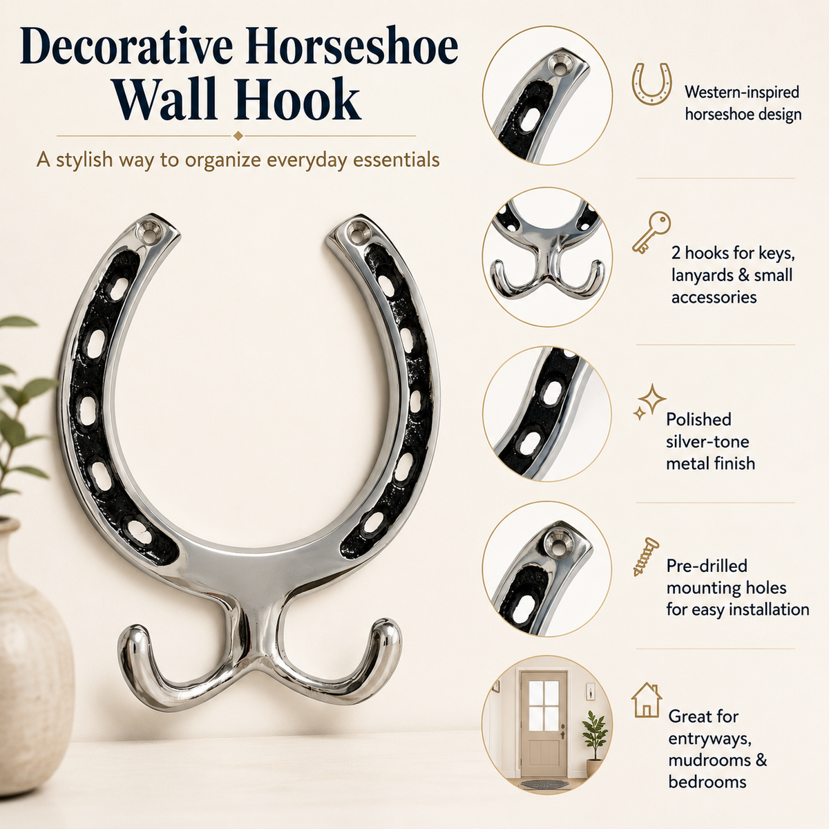 Decorative horseshoe wall hook in polished silver-tone metal with black engraved detailing, shown on a light beige background with feature callouts and small inset detail photos.