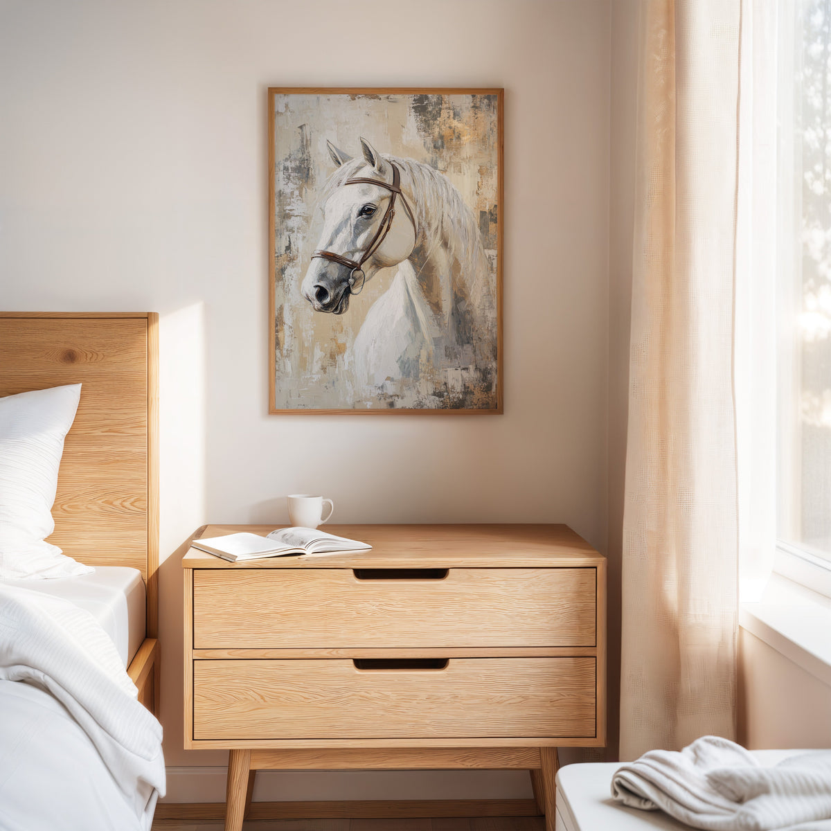 Wooden nightstand with a horse painting above it in a bedroom setting.