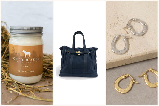 Grey Horse Fresh Cut Hay soy candle, Huntley navy Barnkin tote and horseshoe hoop earrings