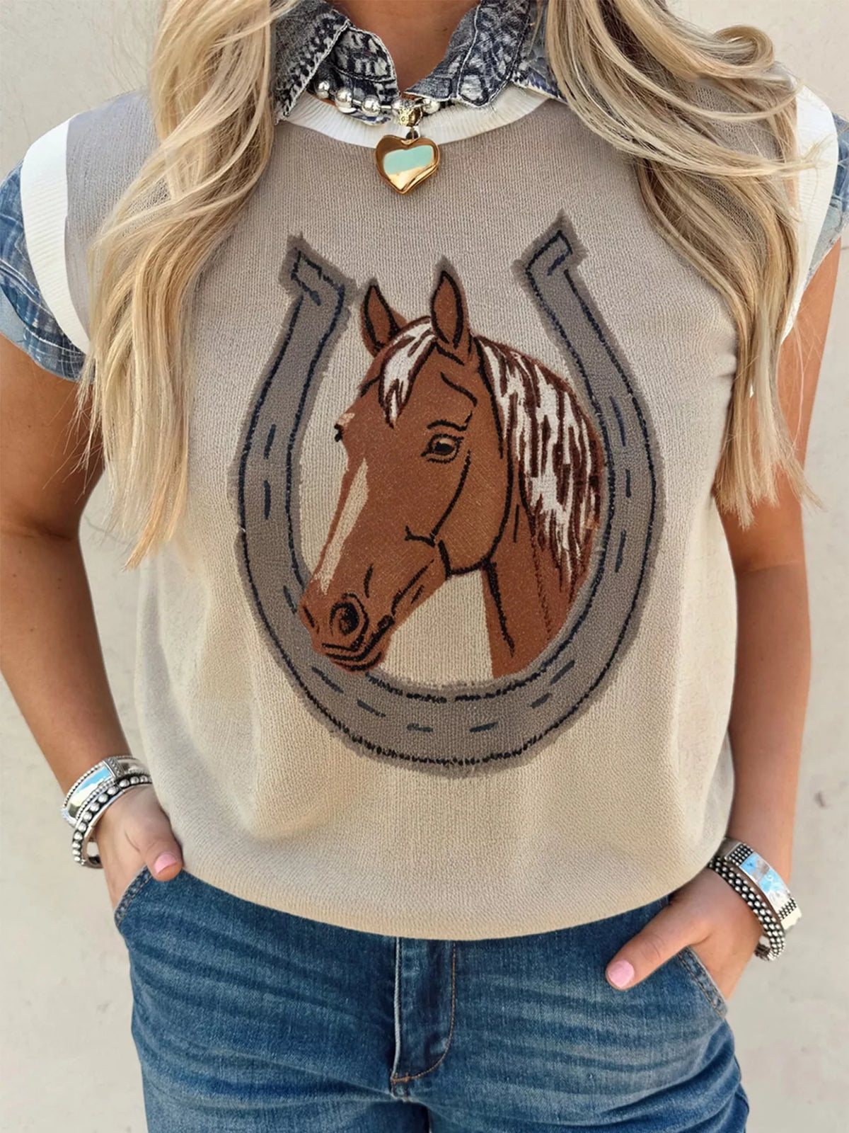 Horseshoe Print Sleeveless Sweater, view 6