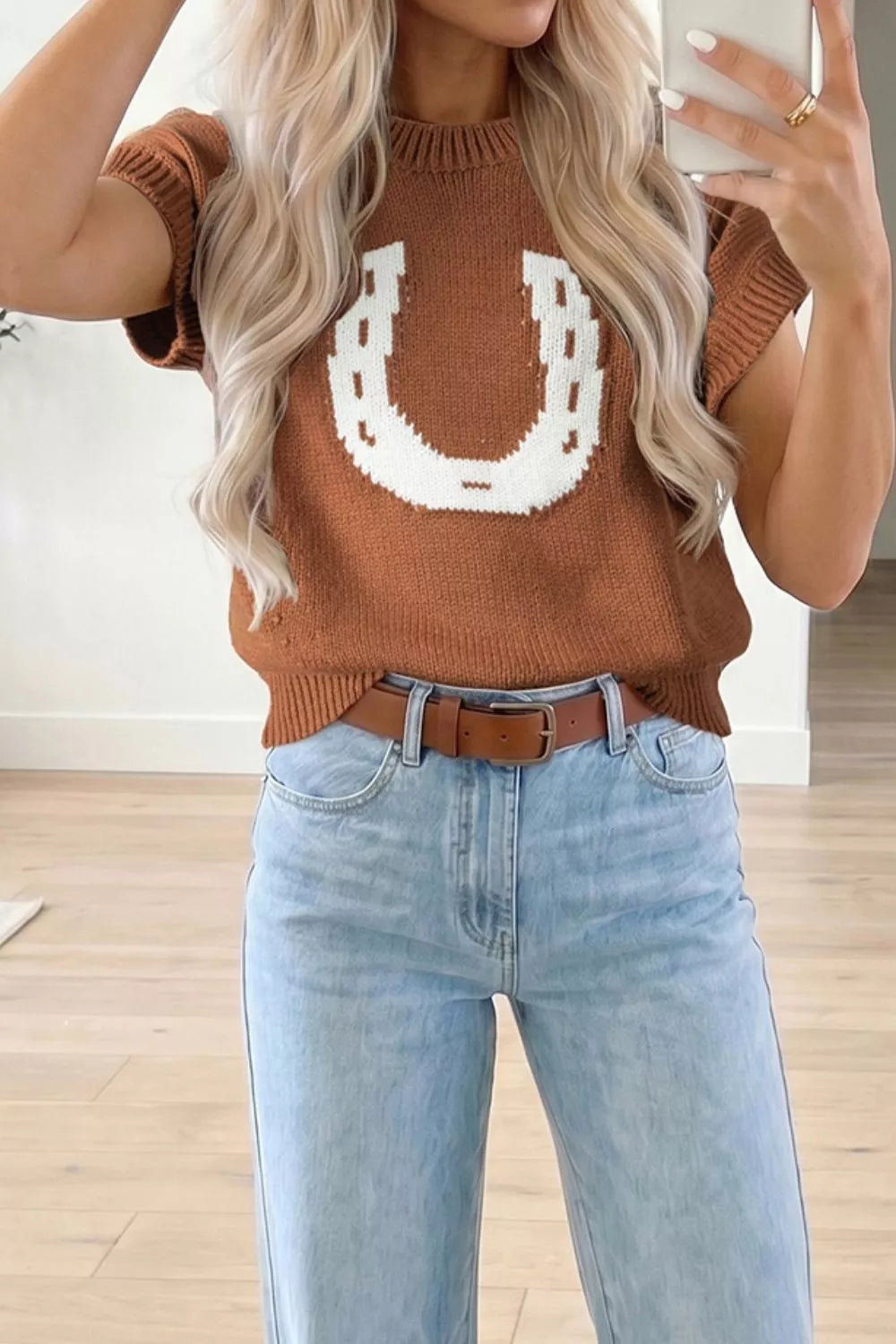 Western Horseshoe Knit Sweater in Caramel