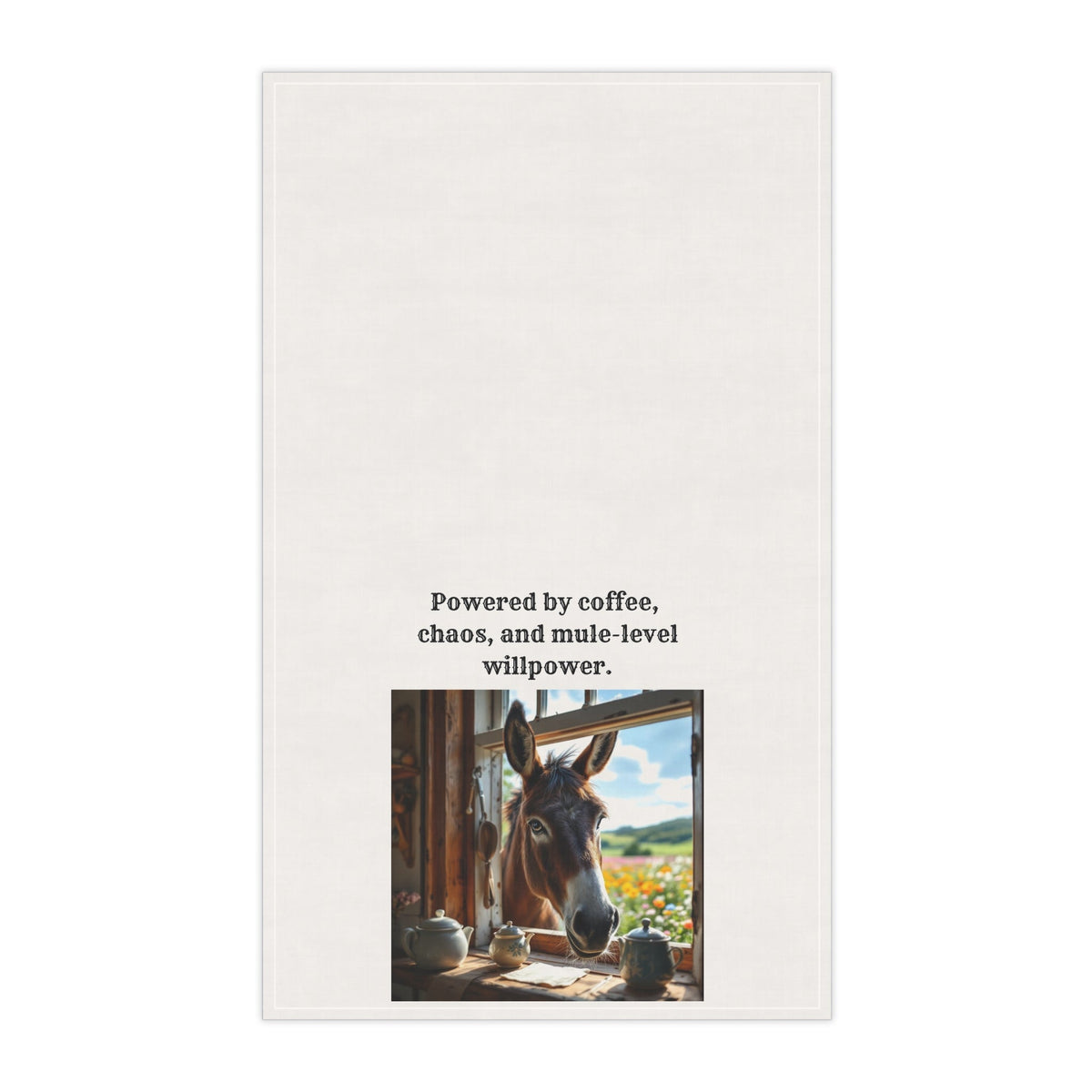 Tea towel with a donkey photo and text on a white background