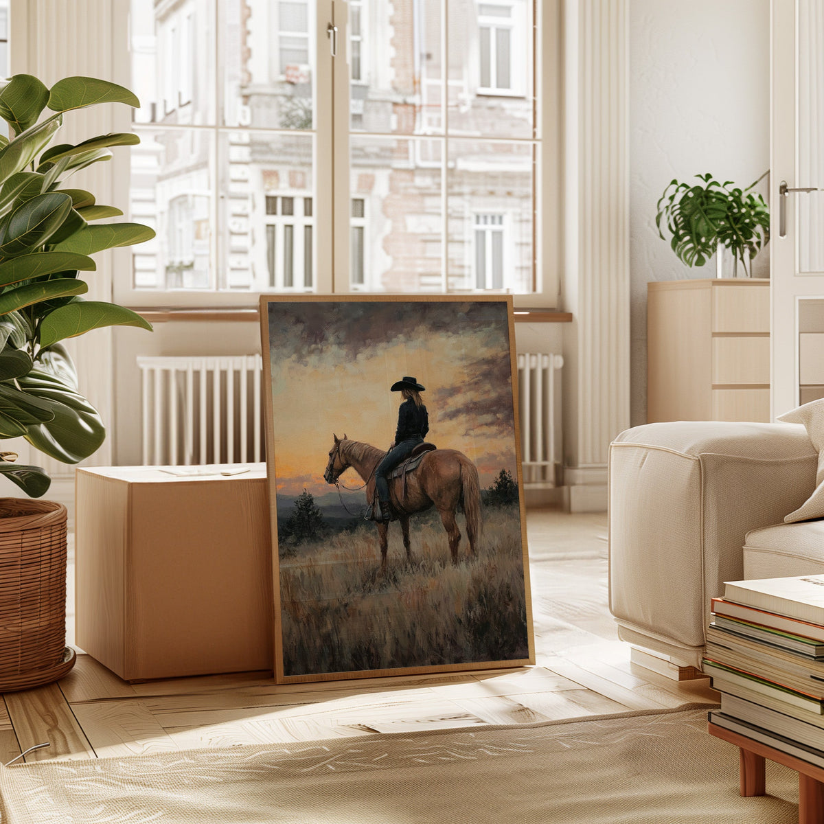 Room interior with a painting of a person on horseback, plants, and furniture.