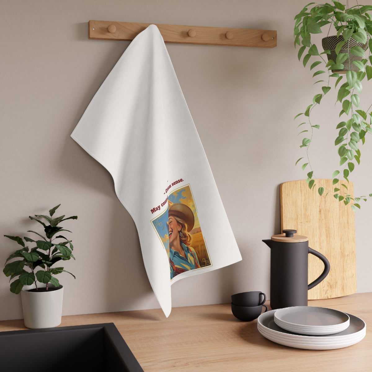 tea towel featuring woman in cowboy hat