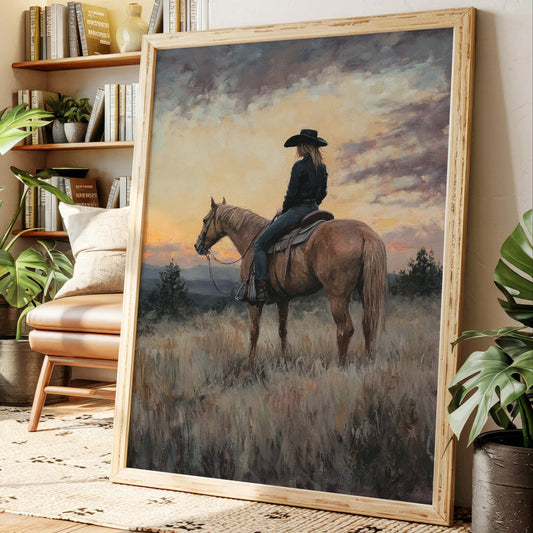 Framed painting of a person on horseback in a scenic landscape, placed in a room with plants and books.