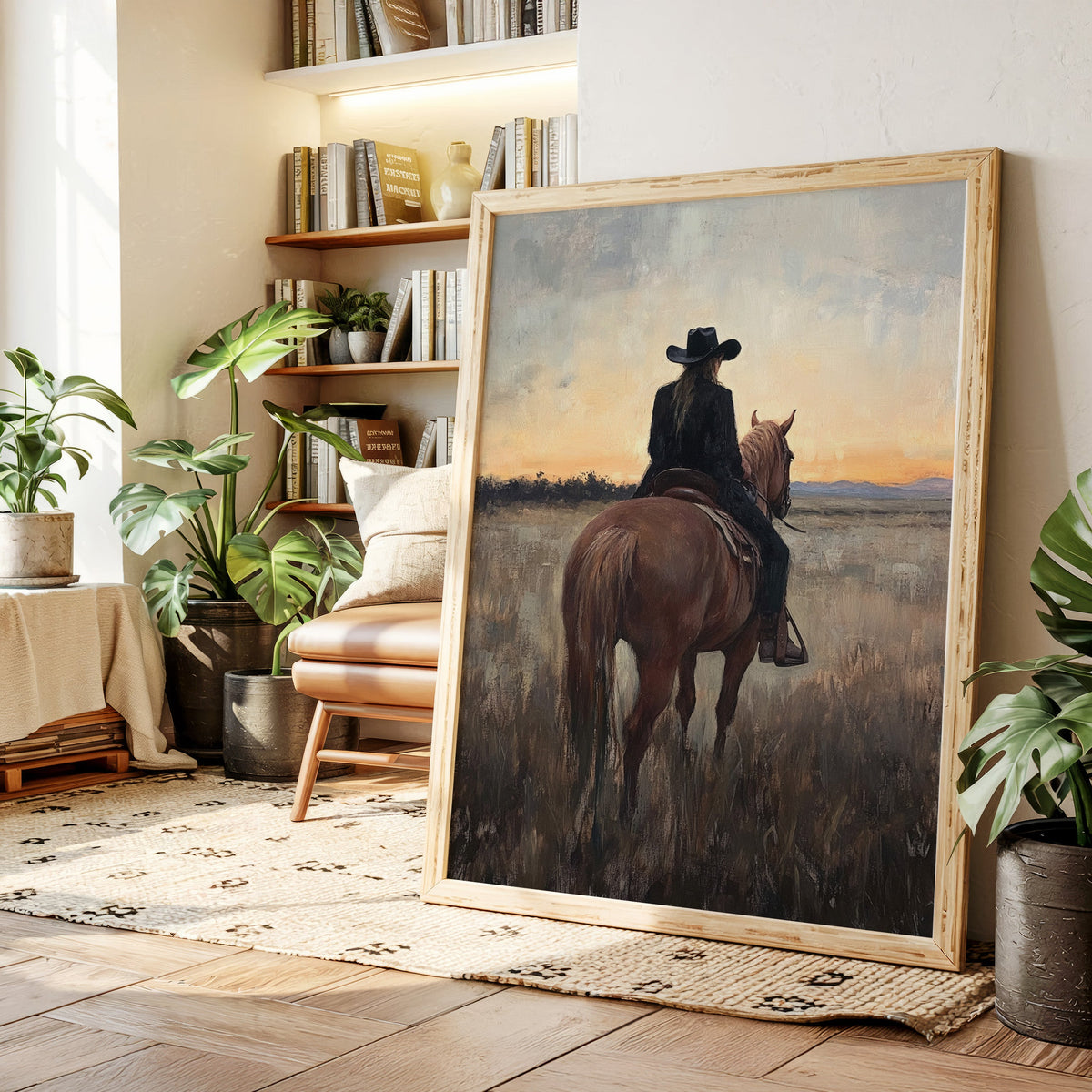 Framed painting of a person riding a horse in a living room setting with plants and books.