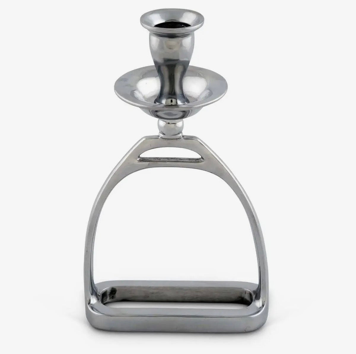 A polished silver metal candlestick holder with a single cup mounted on a decorative bracket with a rectangular base, shown against a plain light gray background.