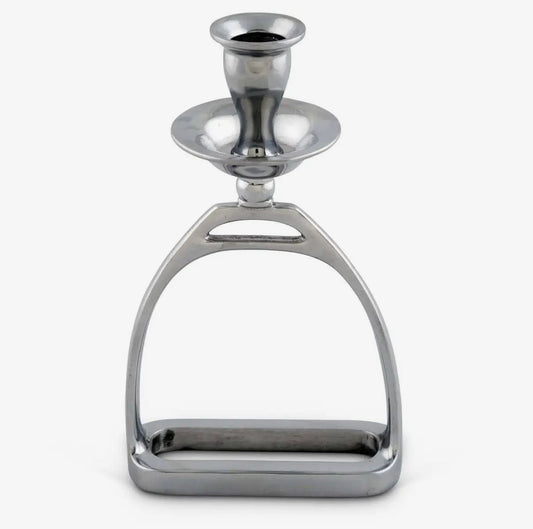 A polished silver metal candlestick holder with a single cup mounted on a decorative bracket with a rectangular base, shown against a plain light gray background.