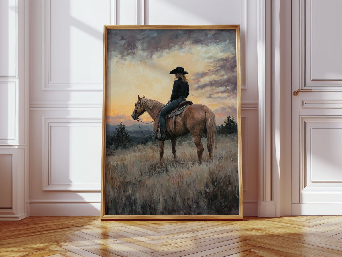 Framed painting of a cowboy on a horse in a field with a sunset sky, displayed in a room with wooden floor and white walls.