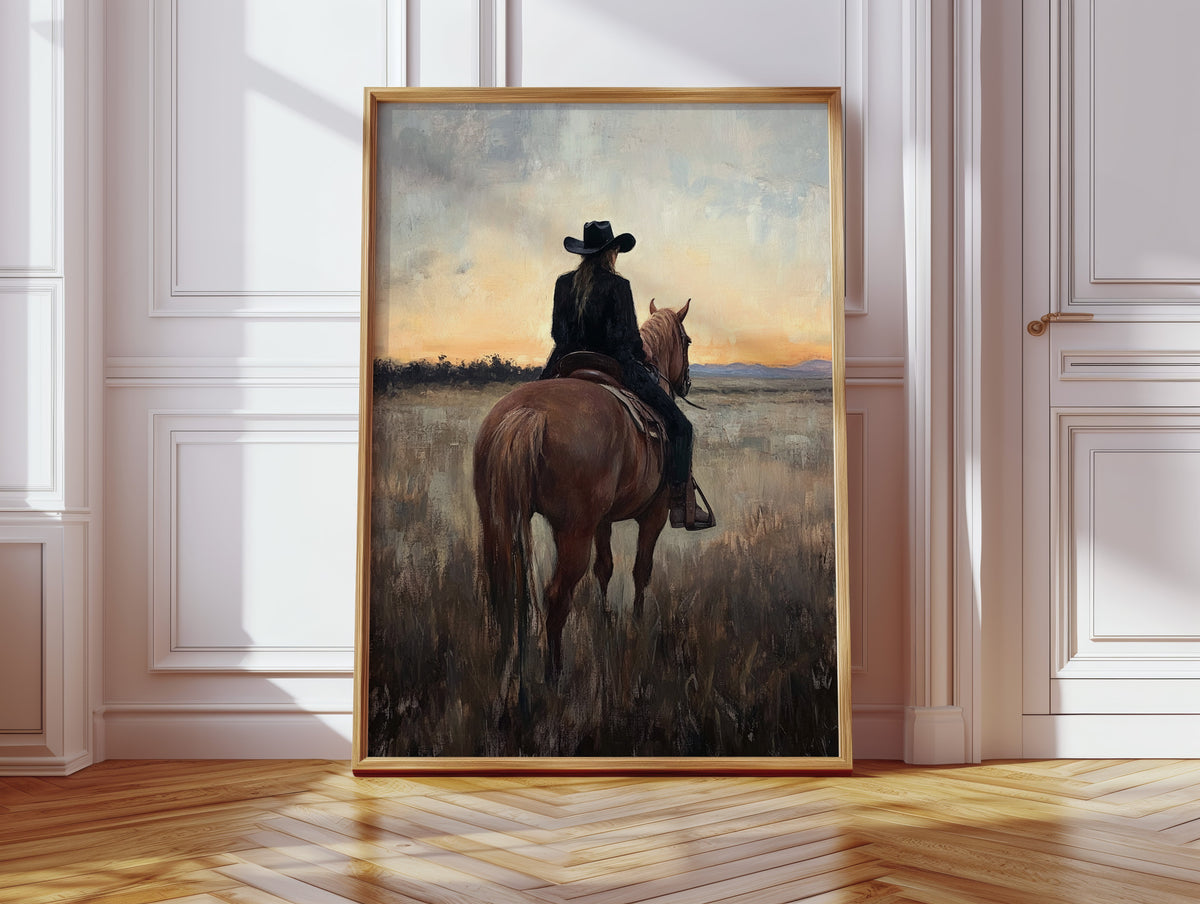 Framed painting of a person on horseback in a field with a sunset, displayed in a room with wooden floor and white walls.