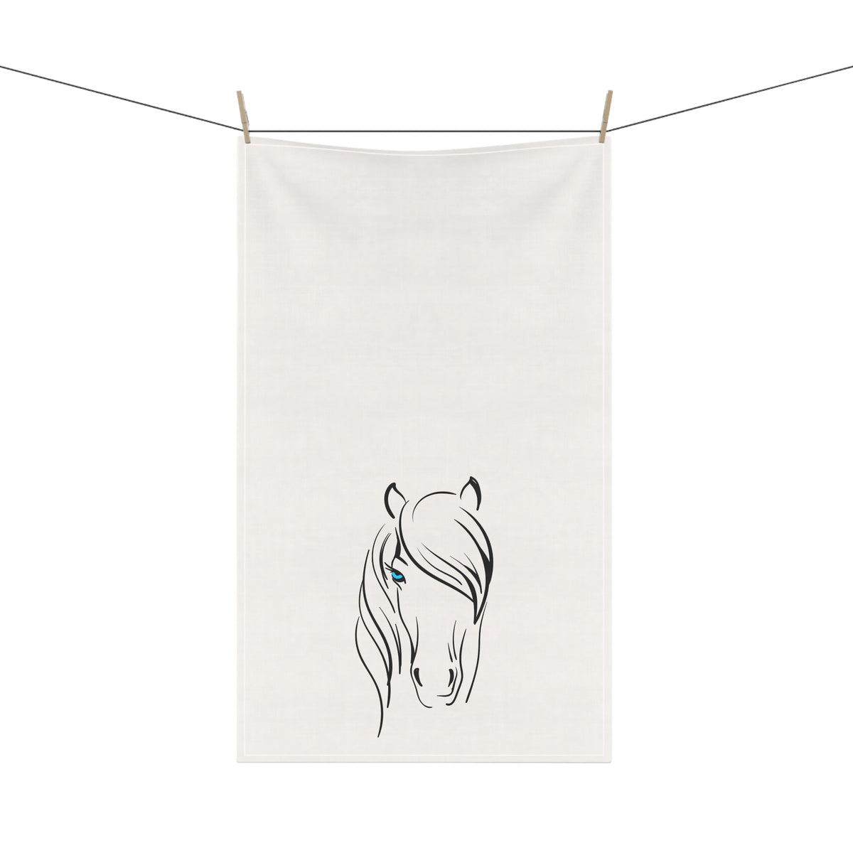 White towel with a black line drawing of a horse's head on a white background