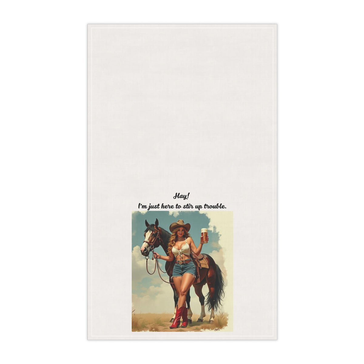 Vintage-style illustration of a woman with a horse holding a drink, with text on a white background.