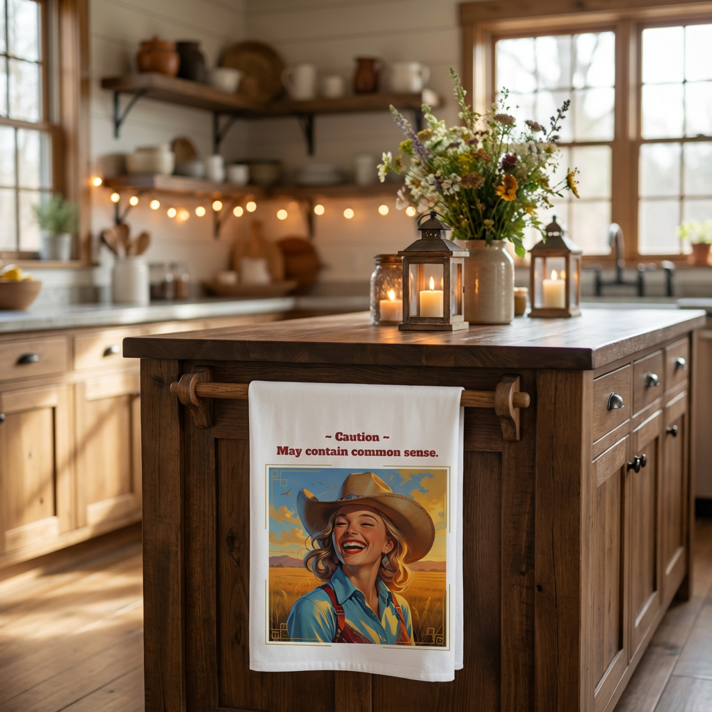 Tea towel featuring woman in cowboy hat