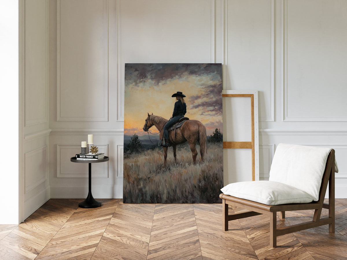 Room interior with a painting of a person on horseback, a chair, and a small table.