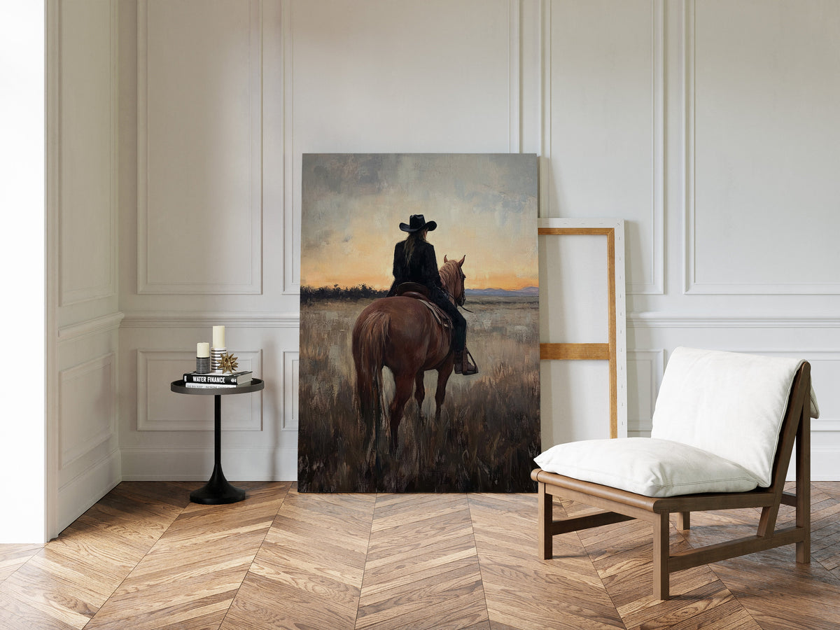 Room interior with a painting of a person on a horse, a chair, and a small table.