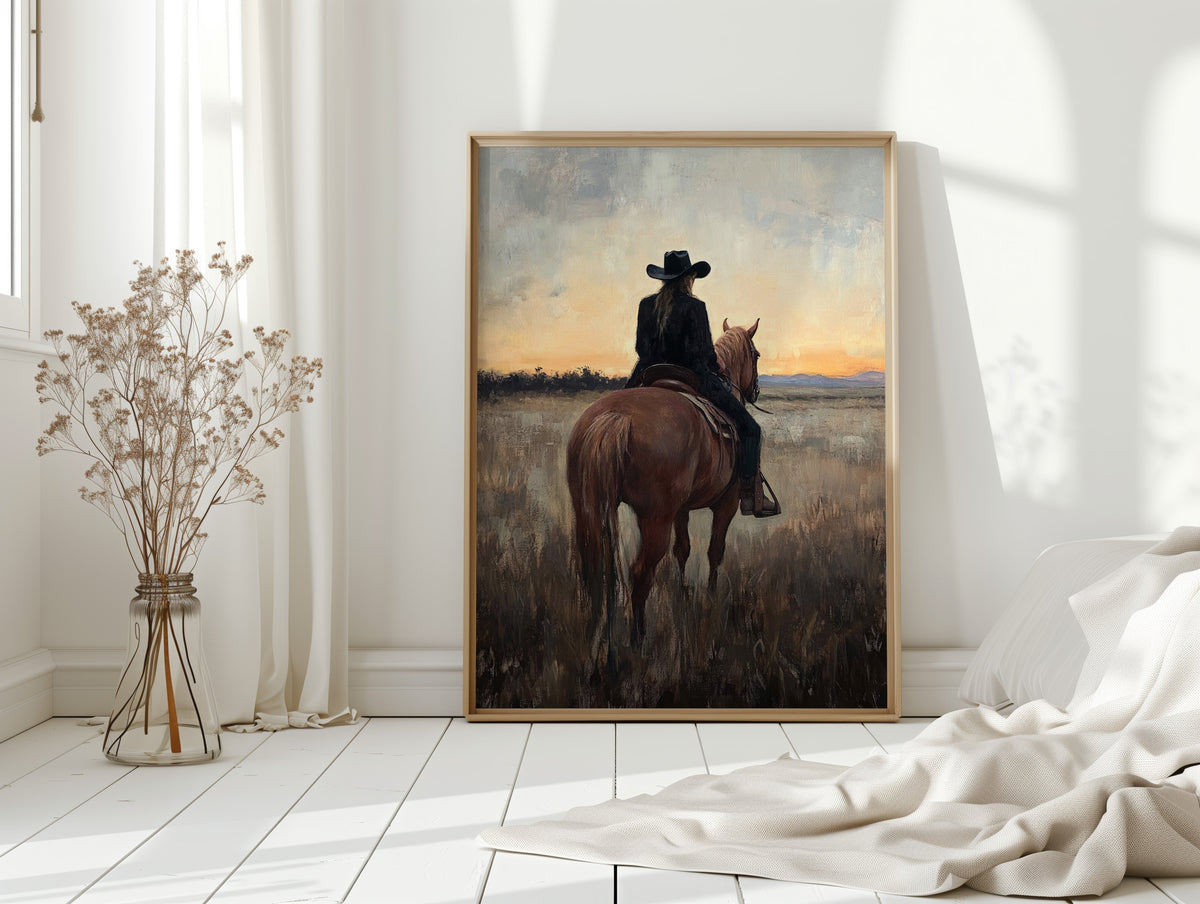 Framed painting of a person on horseback in a field, hanging on a white wall.