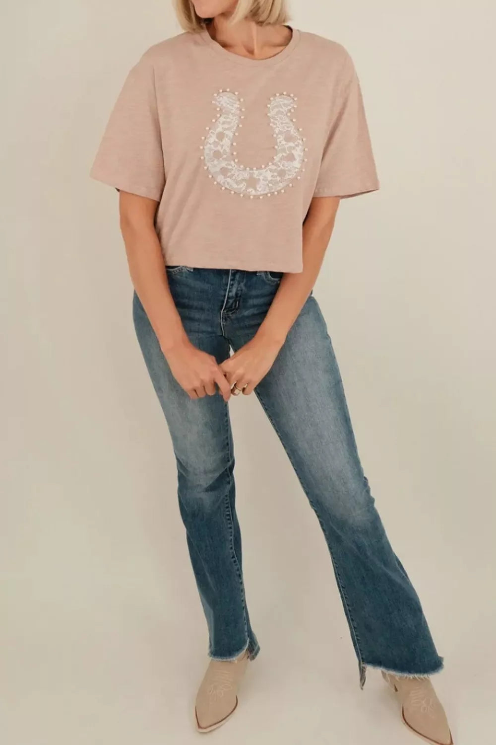 Pale blush T-shirt with lace horseshoe and pearl detail, view 3
