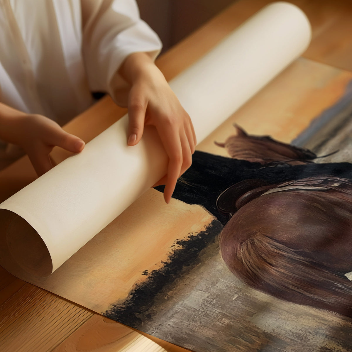 Person unrolling a large piece of paper with an artistic depiction of a horse on a wooden table.