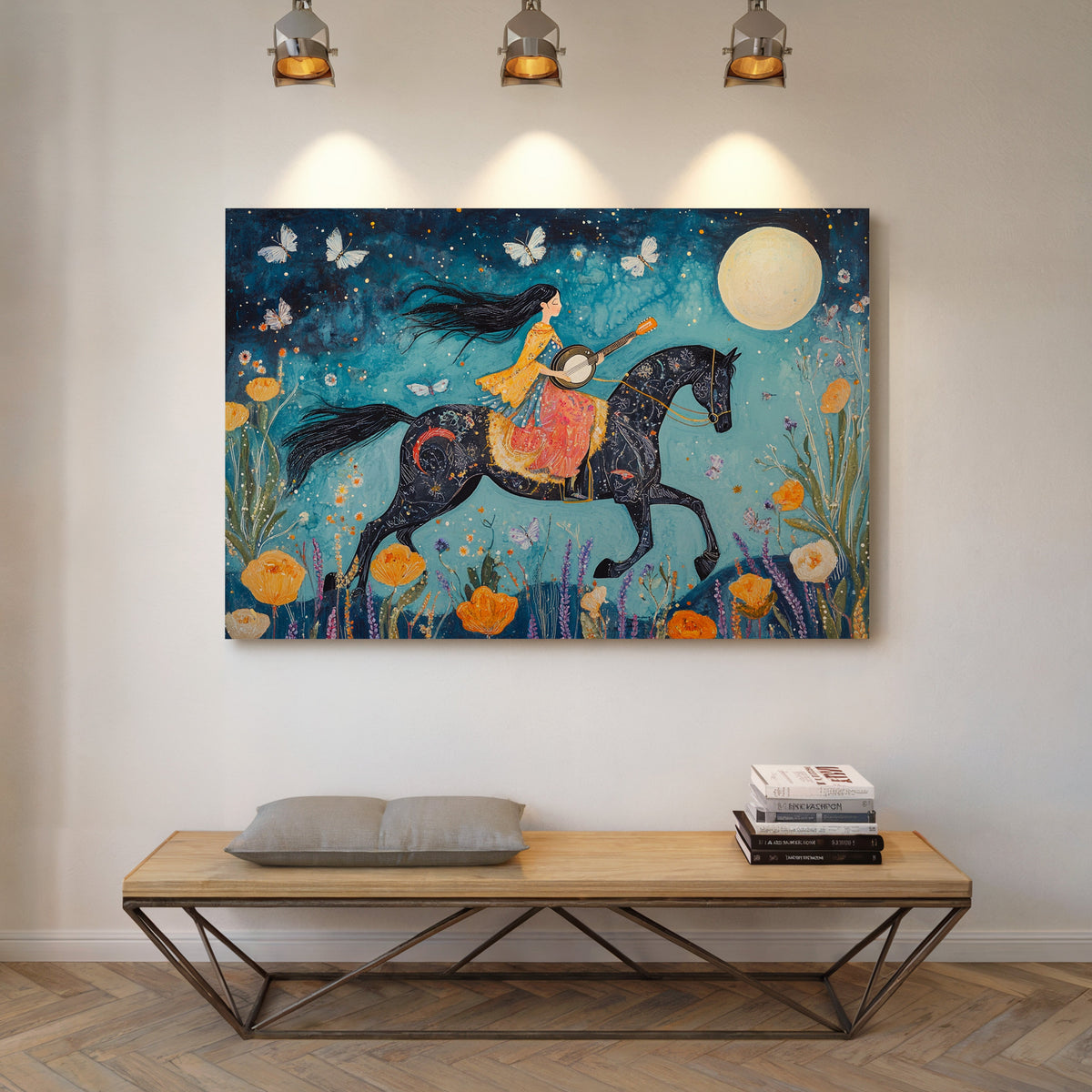 Colorful painting of a woman riding a horse on a wall above a wooden bench.