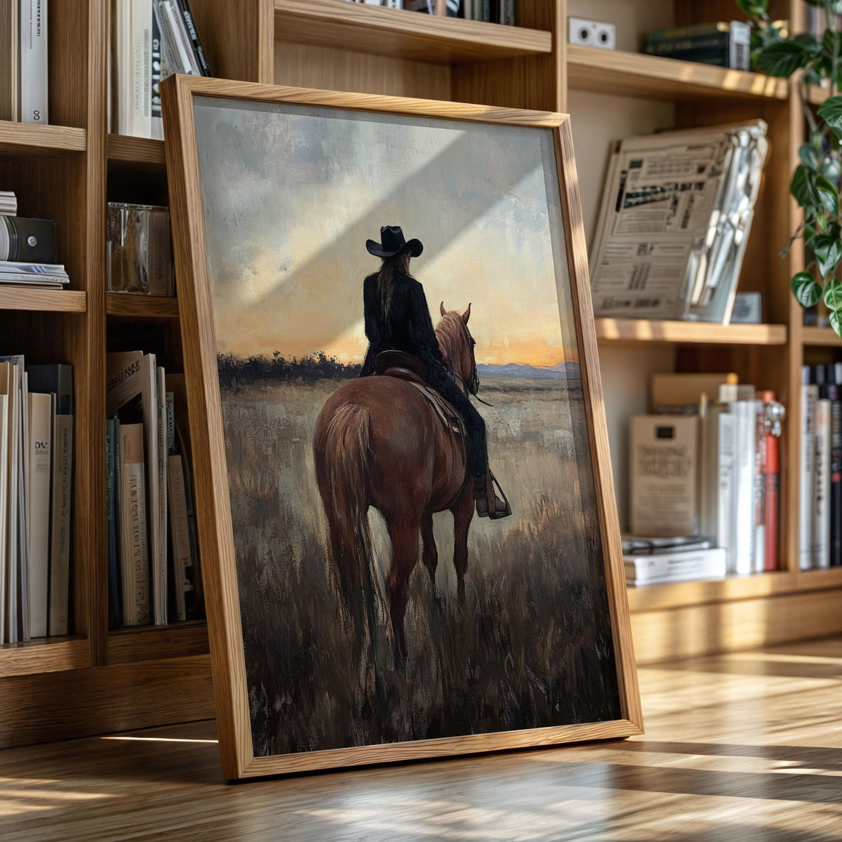 Framed painting of a person on horseback in a field with a bookshelf in the background