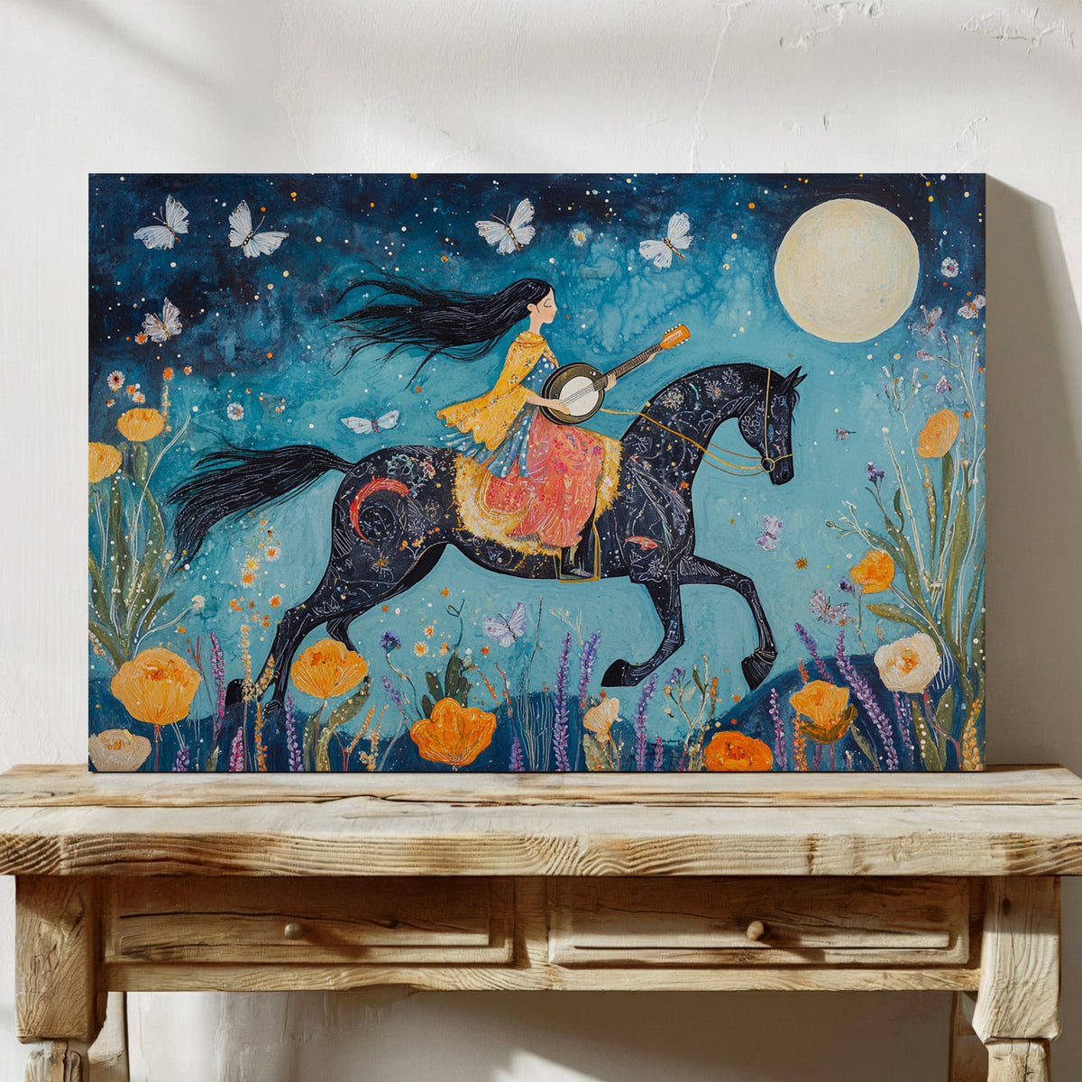Painting of a woman riding a horse with flowers and butterflies on a wooden table.