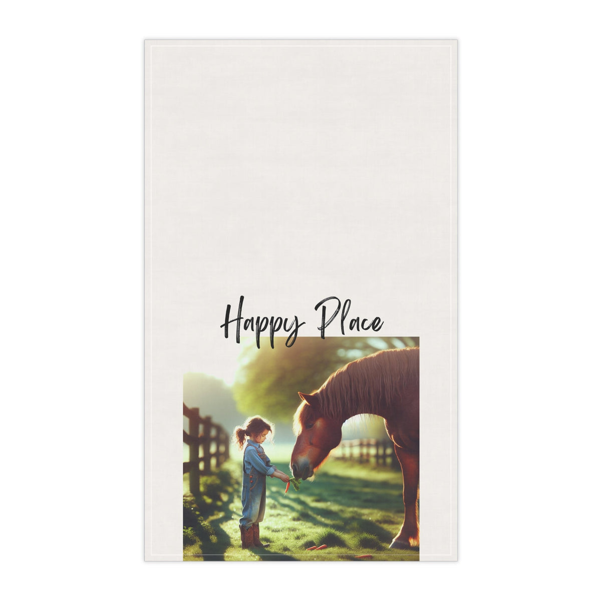 Towel with a photo of a girl and horse , titled 'Happy Place'.