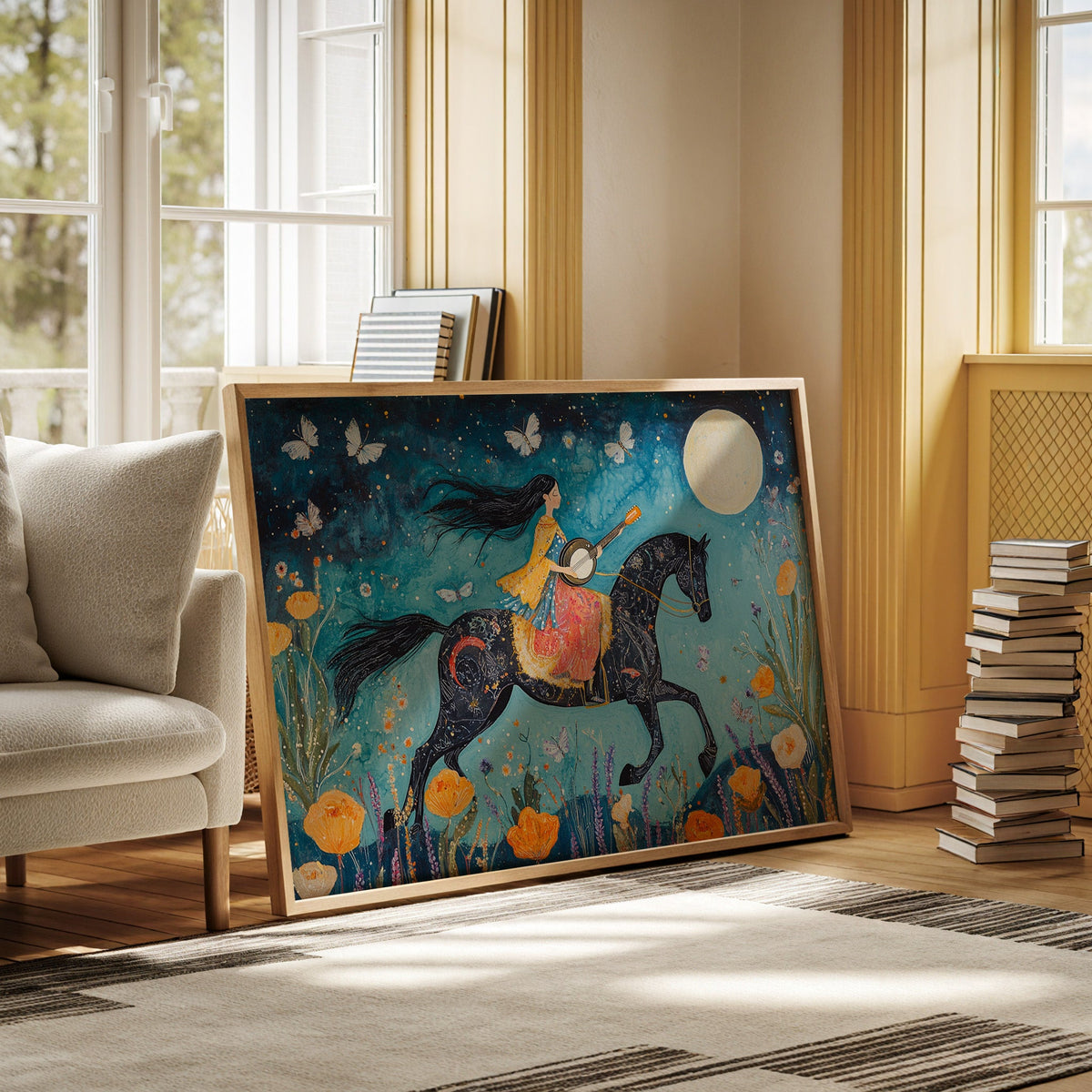 Framed artwork of a person riding a horse with butterflies in a living room.
