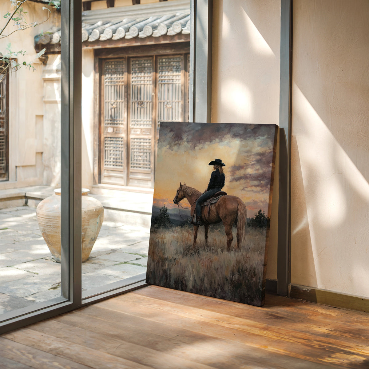 Framed painting of a person on horseback in a room with wooden floor and glass door.