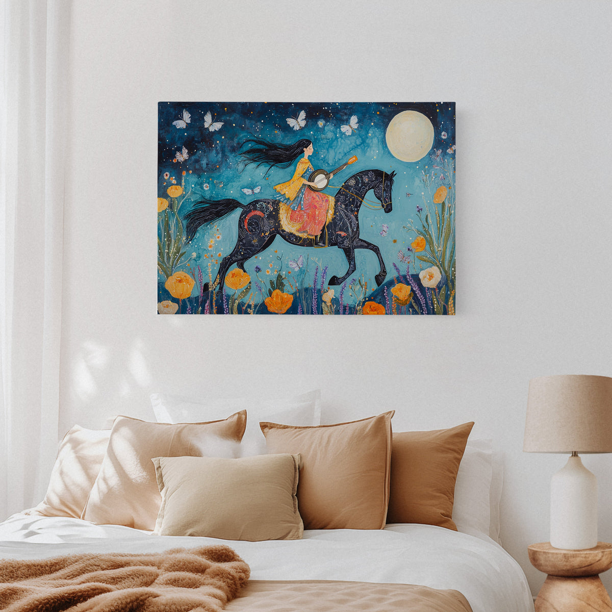 Decorative painting of a person riding a horse in a night sky with flowers and butterflies above a bed.