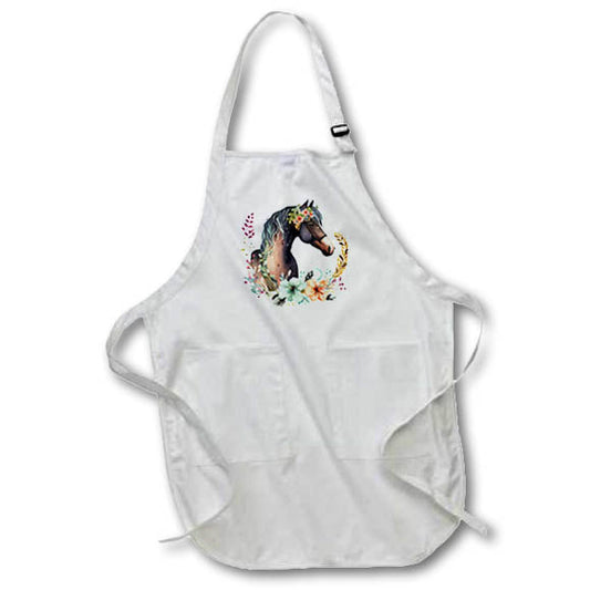 Apron - Pretty Image Of Watercolor Brown Horse With Flowers Illustration Illustrations