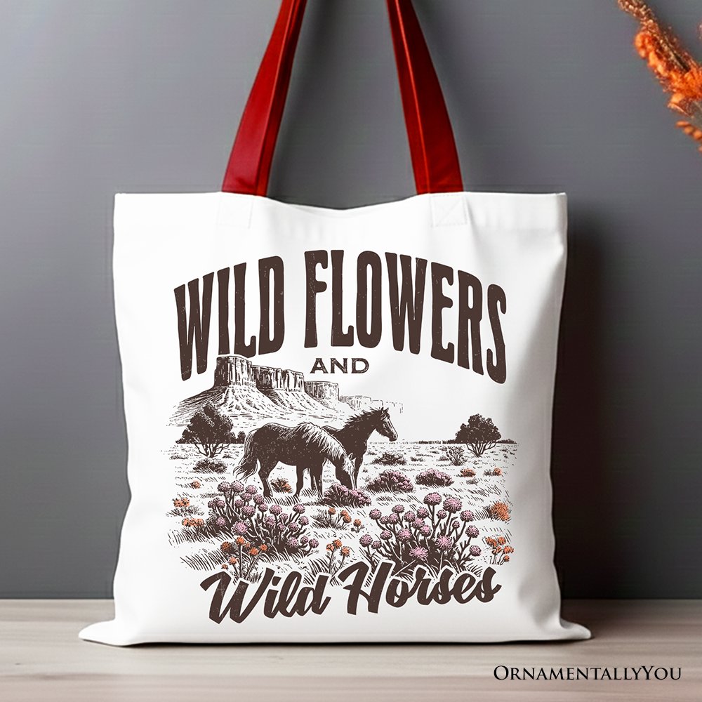Wild Flowers & Wild Horses Canvas Tote with Red Handle