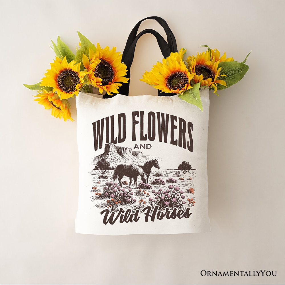 Wild Flowers & Wild Horses Canvas Tote with Black Handle