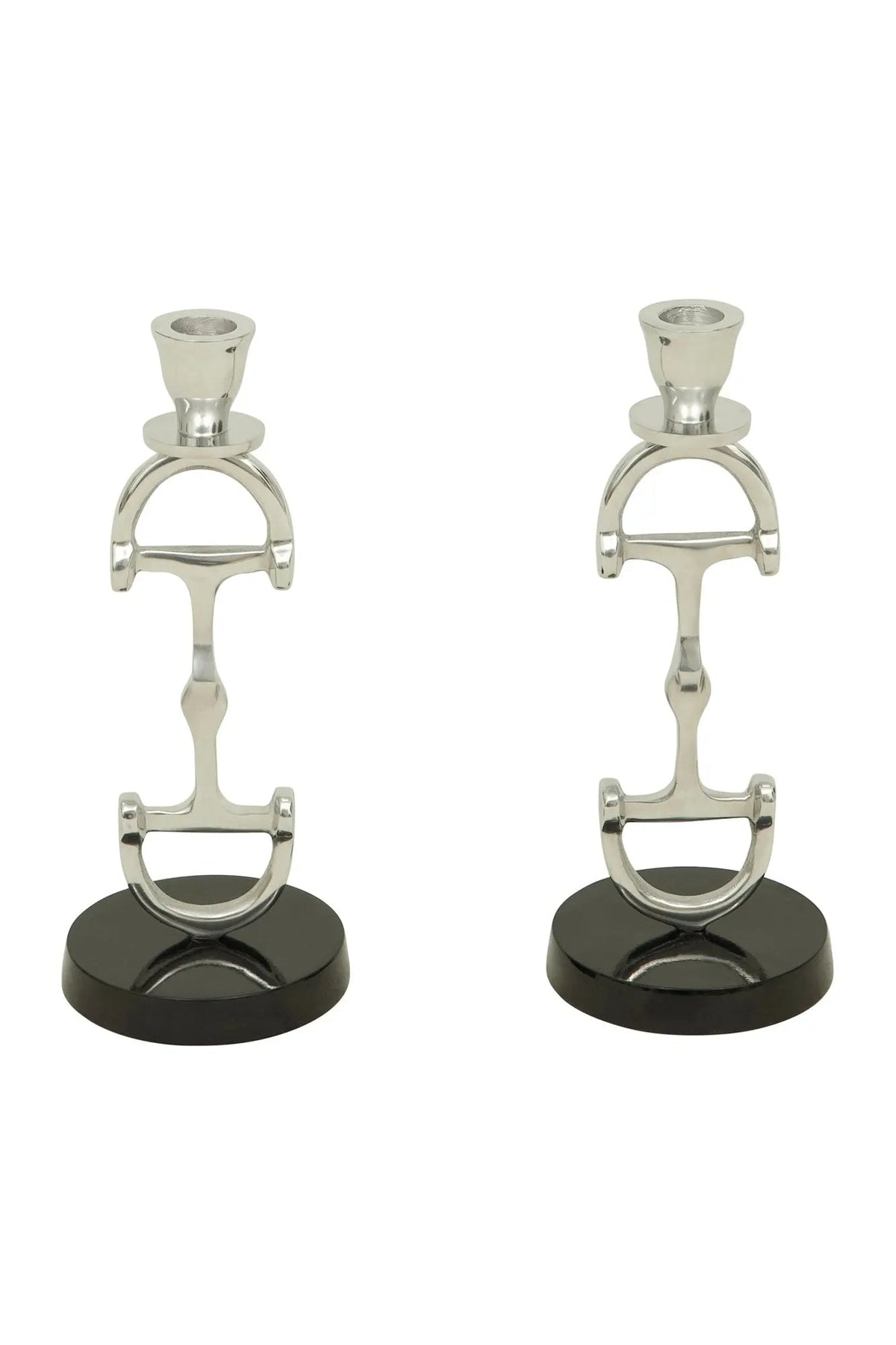 Two silver equestrian candle holders on black bases against a white background