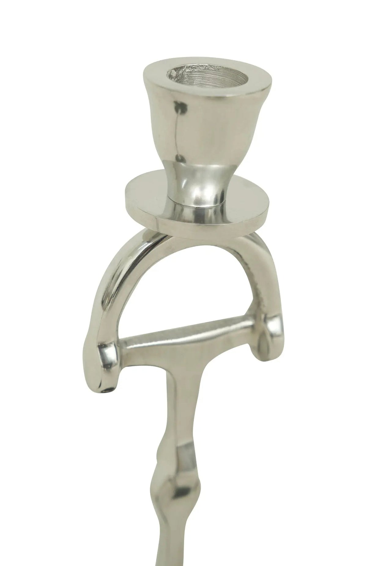Metallic stand with a circular base and a smaller cylindrical top on a white background