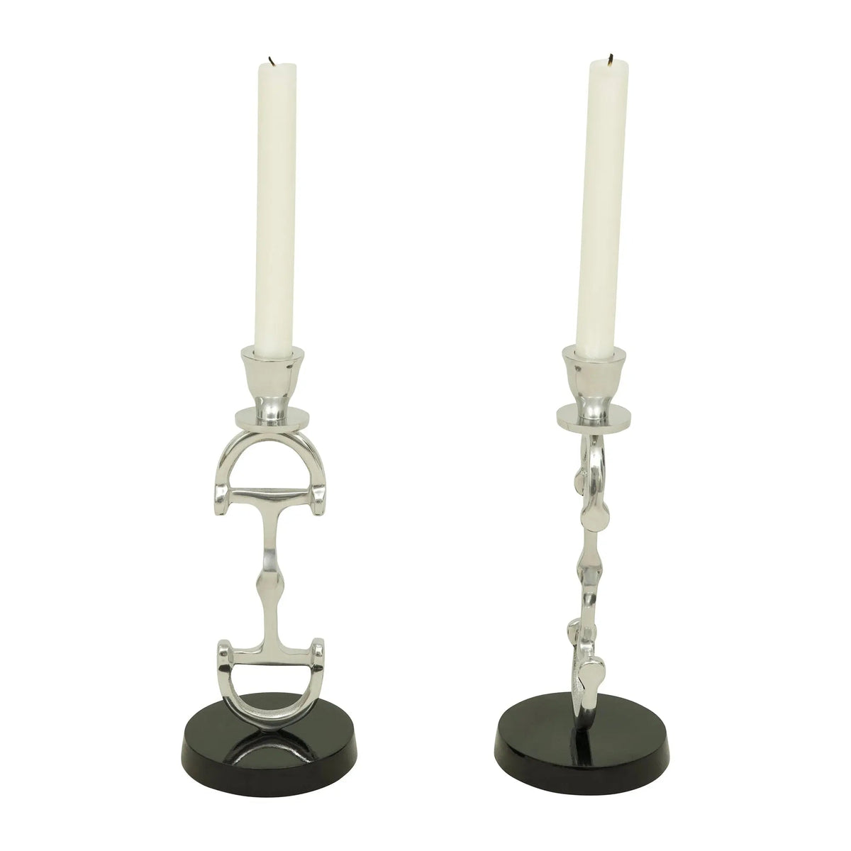 Two silver candle holders with black bases on a white background