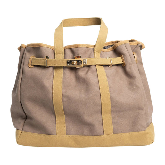 Huntley Equestrian Barnkin canvas tote bag in brown and tan with gold-tone hardware