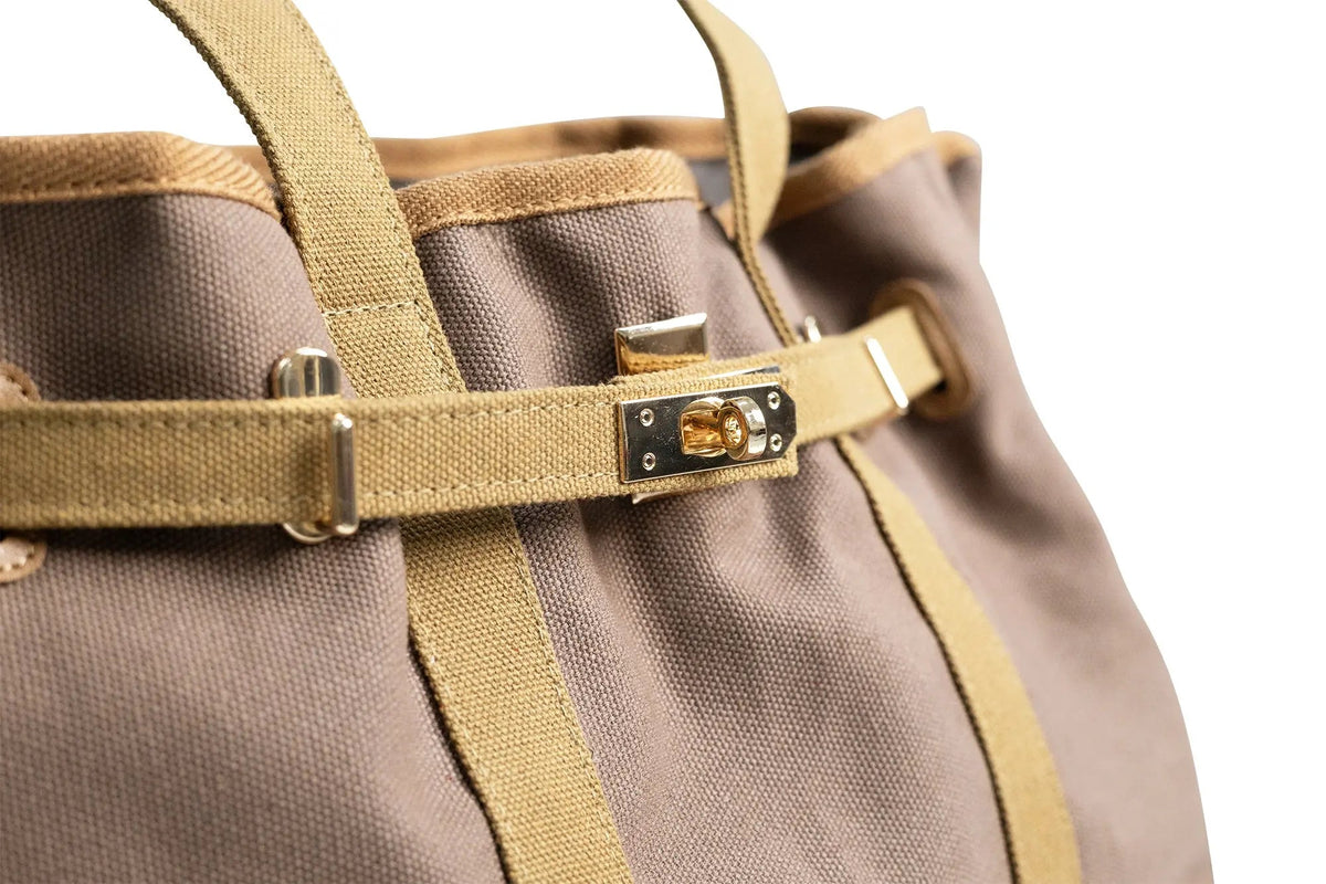 Huntley Equestrian Barnkin canvas tote bag in brown and tan with gold-tone hardware, photo 2