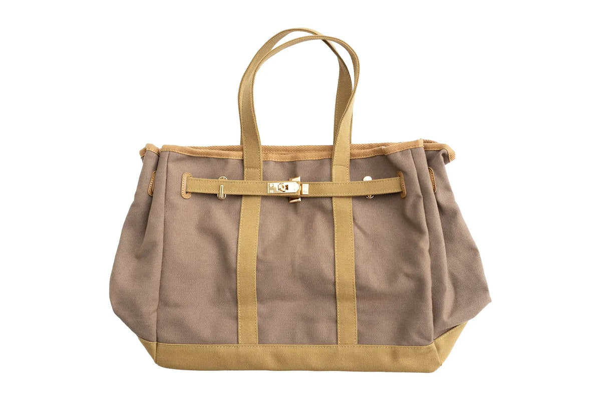 Huntley Equestrian Barnkin canvas tote bag in brown and tan with gold-tone hardware, photo 4