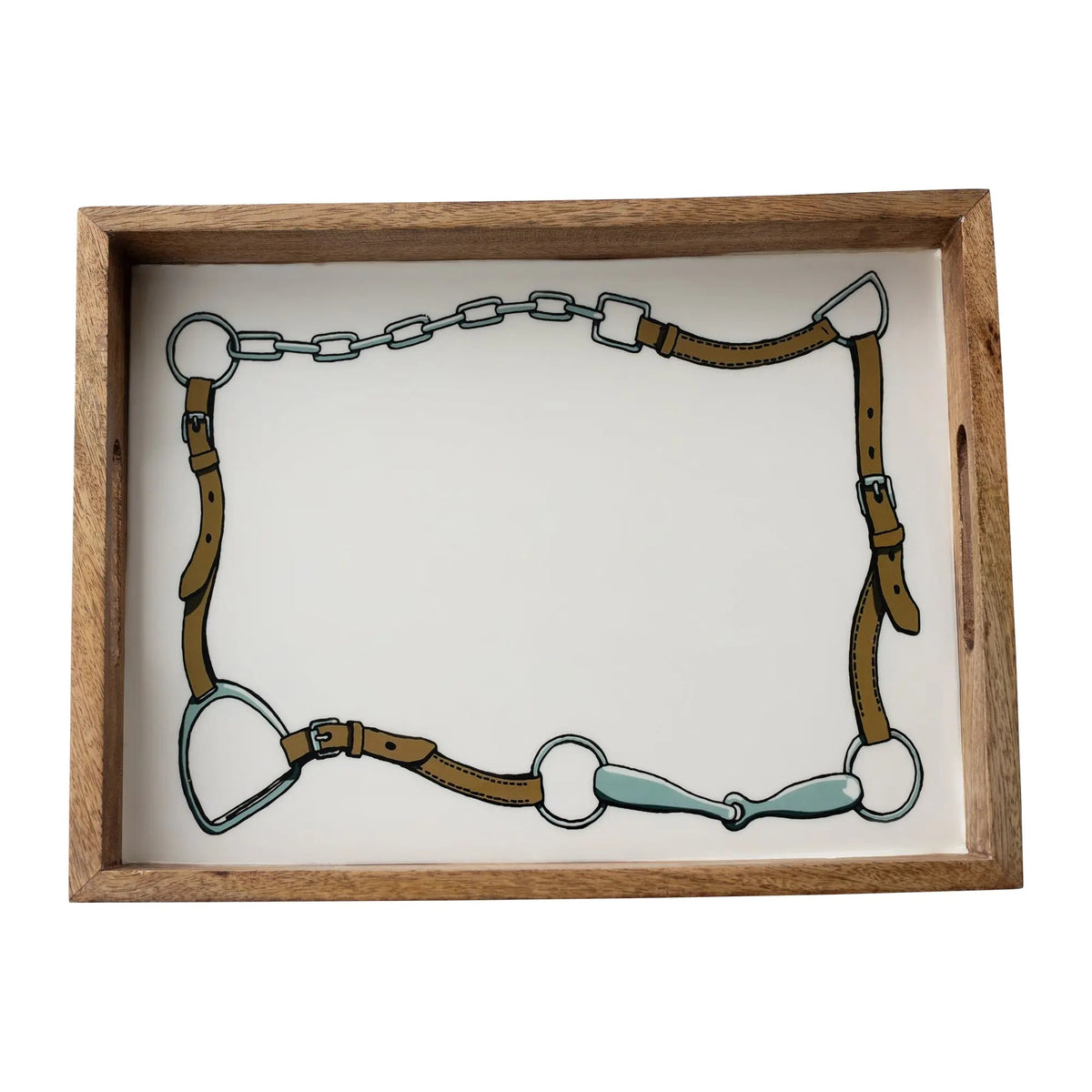 Wooden frame with a horse bridle design on a white background