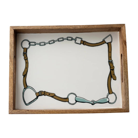 Wooden frame with a horse bridle design on a white background