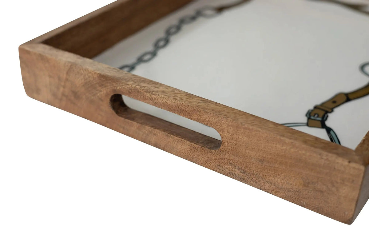 Wooden tray with a handle on a white background