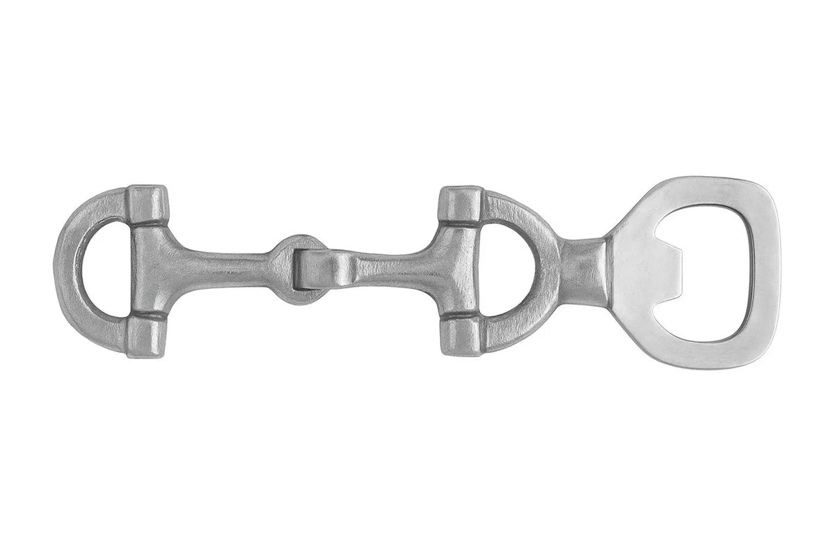 Metal horse bridle bit on a white background