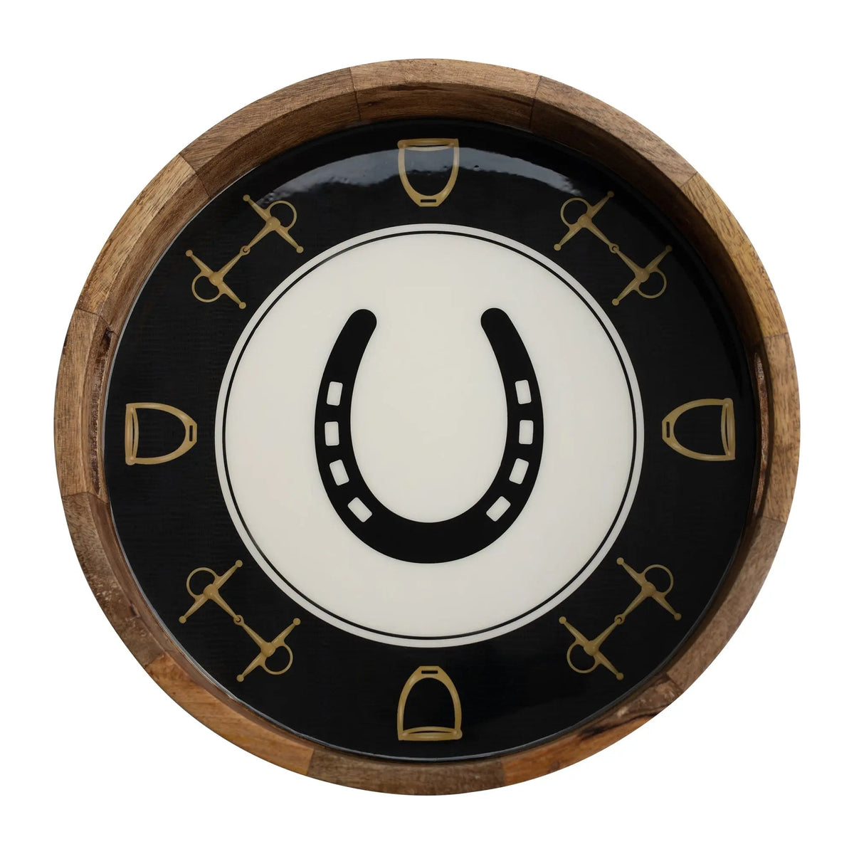 Huntley Equestrian Horseshoe & Bit Round Black Lacquer Tray