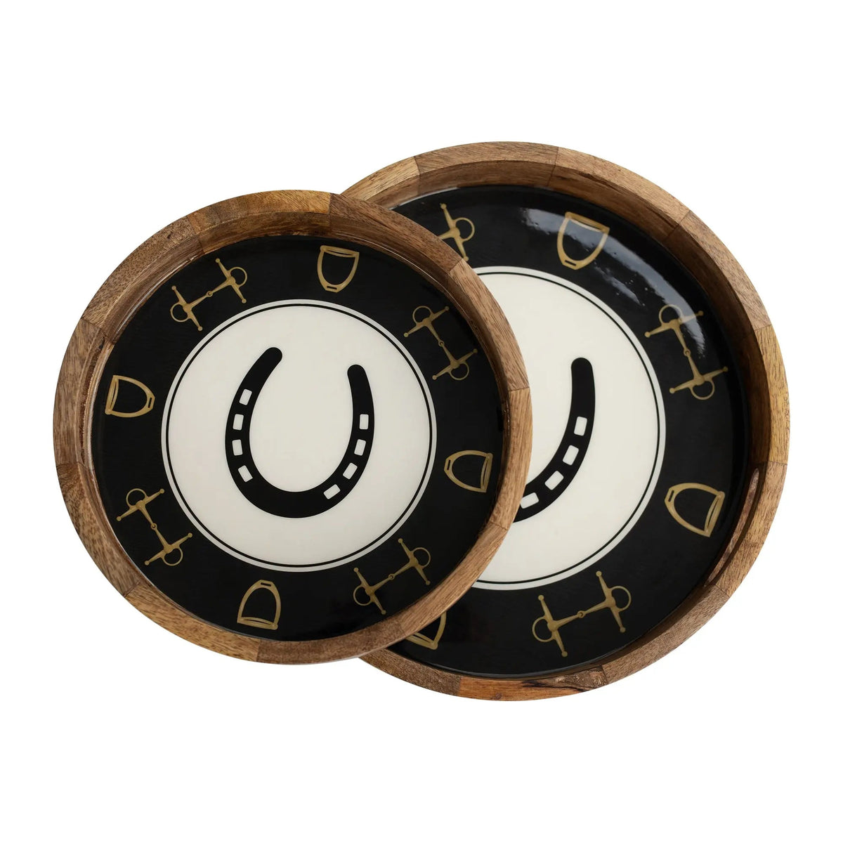 Two round bowls with wooden rims featuring a horseshoe design on a black background.